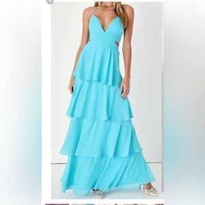 Lulus Tier And Now Blue Tie-Back Tiered Maxi Dress| Size Medium |